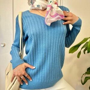 Laura Scott Ribbed Cotton Pullover Sweater Blue Size Medium